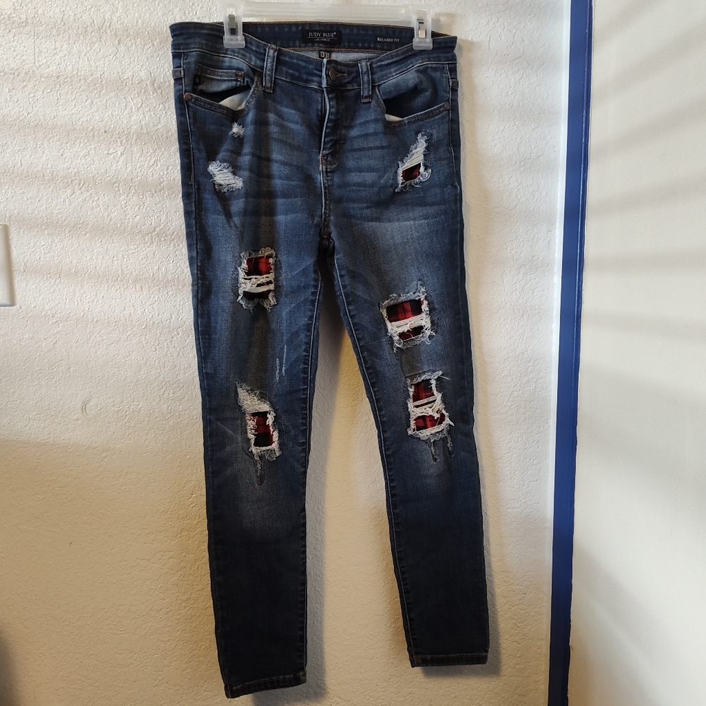 Judy Blue Black & Red Plaid Patch Skinny Jeans Size 13/31